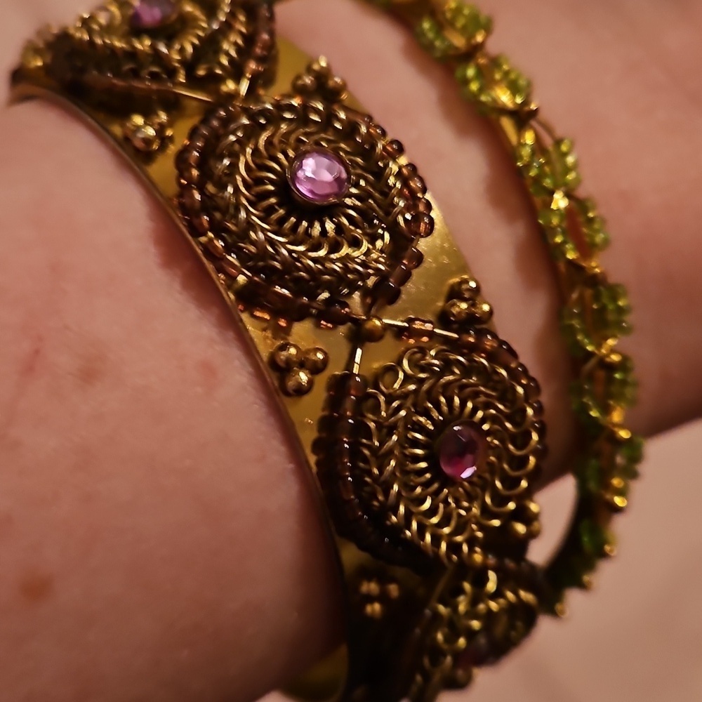 Gold Toned, Purple and Green Gemstones, Two Bracelet Set